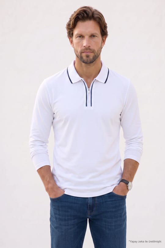 Erkek Slim Fit Dar Kesim %100 Pamuk Uzun Kollu Fermuarlı Beyaz Polo Yaka Tişört