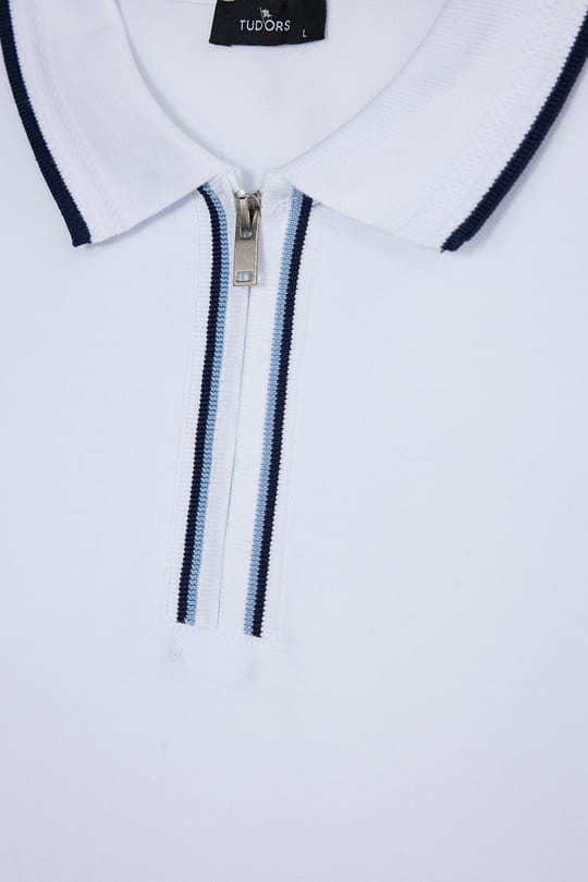 Erkek Slim Fit Dar Kesim %100 Pamuk Uzun Kollu Fermuarlı Beyaz Polo Yaka Tişört