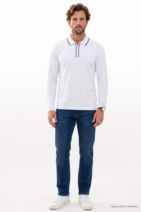 Erkek Slim Fit Dar Kesim %100 Pamuk Uzun Kollu Fermuarlı Beyaz Polo Yaka Tişört
