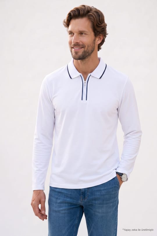 Erkek Slim Fit Dar Kesim %100 Pamuk Uzun Kollu Fermuarlı Beyaz Polo Yaka Tişört