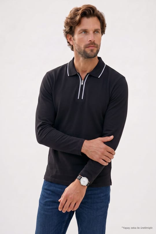 Erkek Slim Fit Dar Kesim %100 Pamuk Uzun Kollu Fermuarlı Siyah Polo Yaka Tişört
