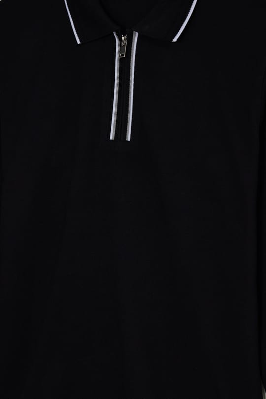 Erkek Slim Fit Dar Kesim %100 Pamuk Uzun Kollu Fermuarlı Siyah Polo Yaka Tişört