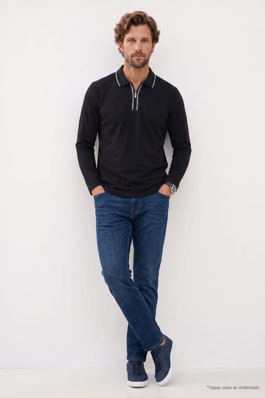 Erkek Slim Fit Dar Kesim %100 Pamuk Uzun Kollu Fermuarlı Siyah Polo Yaka Tişört