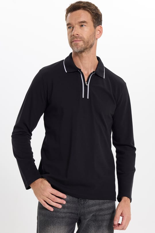 Erkek Slim Fit Dar Kesim %100 Pamuk Uzun Kollu Fermuarlı Siyah Polo Yaka Tişört