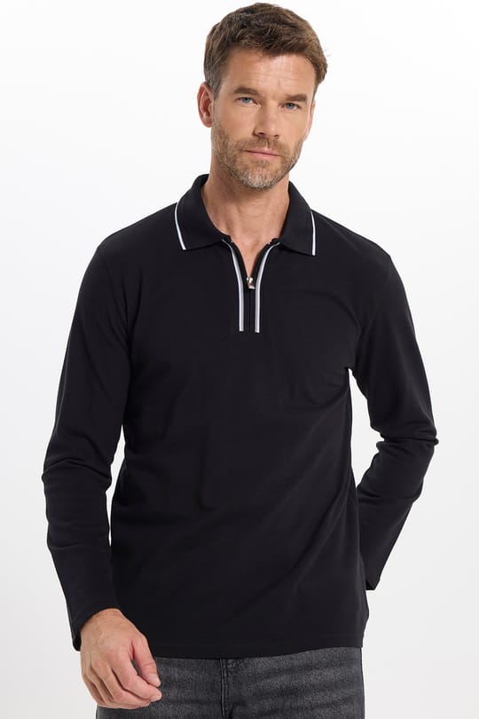 Erkek Slim Fit Dar Kesim %100 Pamuk Uzun Kollu Fermuarlı Siyah Polo Yaka Tişört