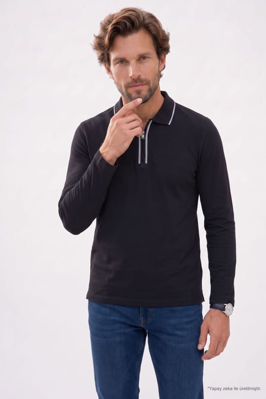 Erkek Slim Fit Dar Kesim %100 Pamuk Uzun Kollu Fermuarlı Siyah Polo Yaka Tişört