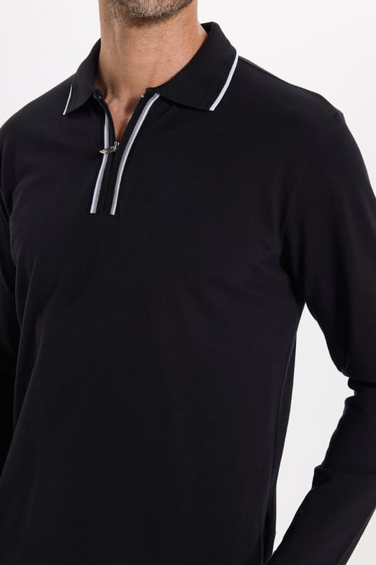 Erkek Slim Fit Dar Kesim %100 Pamuk Uzun Kollu Fermuarlı Siyah Polo Yaka Tişört