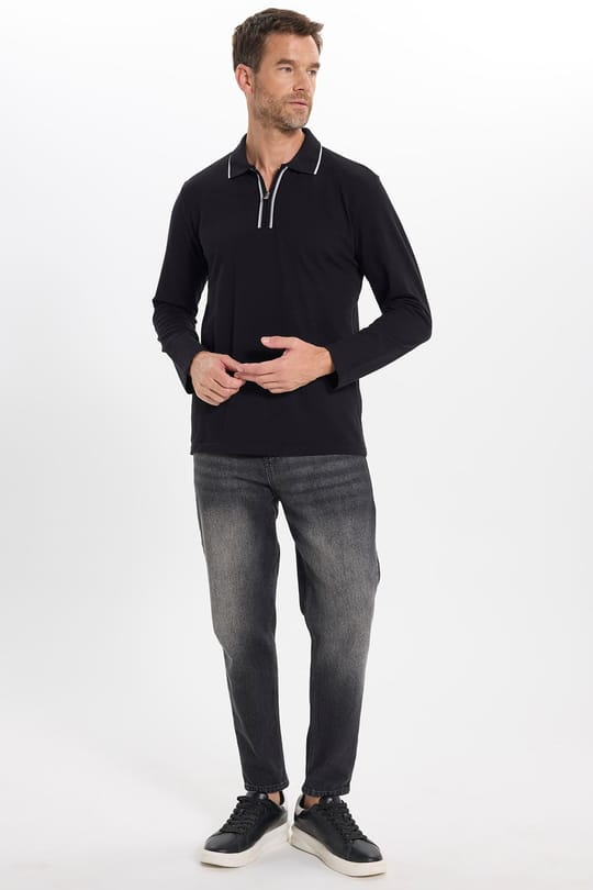 Erkek Slim Fit Dar Kesim %100 Pamuk Uzun Kollu Fermuarlı Siyah Polo Yaka Tişört