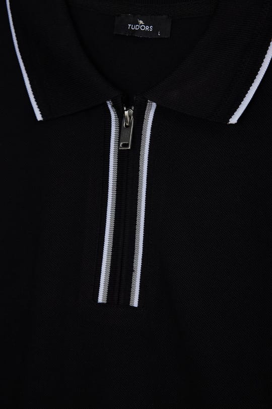 Erkek Slim Fit Dar Kesim %100 Pamuk Uzun Kollu Fermuarlı Siyah Polo Yaka Tişört