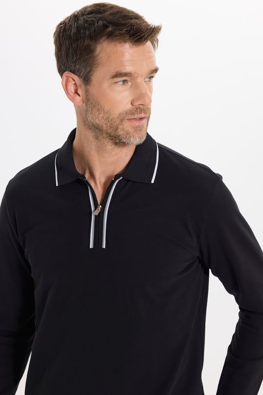 Erkek Slim Fit Dar Kesim %100 Pamuk Uzun Kollu Fermuarlı Siyah Polo Yaka Tişört
