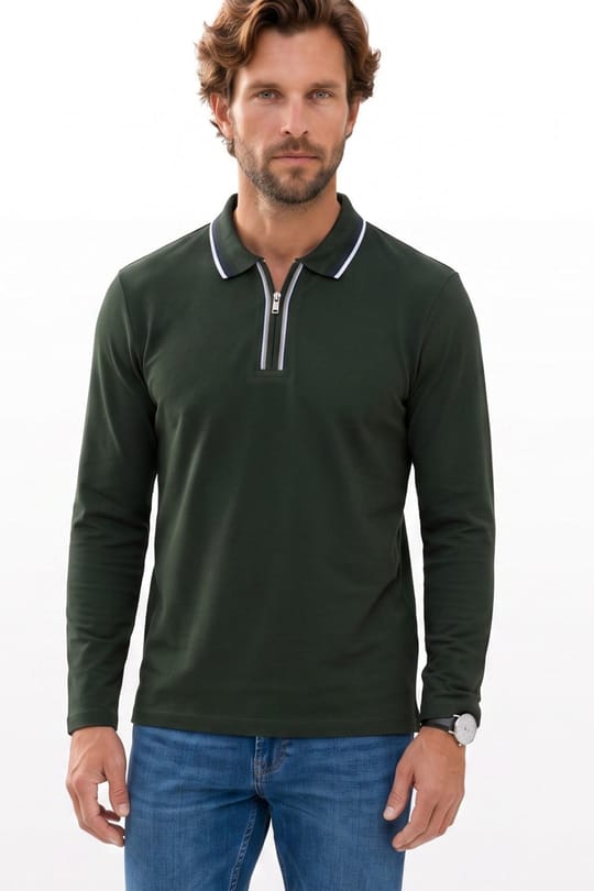 Erkek Slim Fit Dar Kesim %100 Pamuk Uzun Kollu Fermuarlı Haki Polo Yaka Tişört