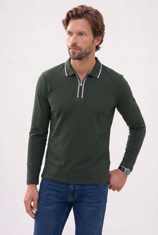 Erkek Slim Fit Dar Kesim %100 Pamuk Uzun Kollu Fermuarlı Haki Polo Yaka Tişört