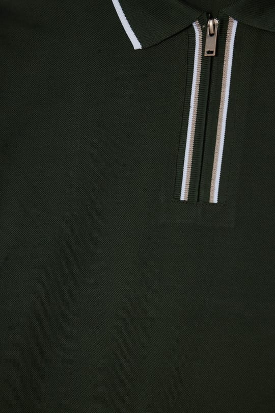 Erkek Slim Fit Dar Kesim %100 Pamuk Uzun Kollu Fermuarlı Haki Polo Yaka Tişört