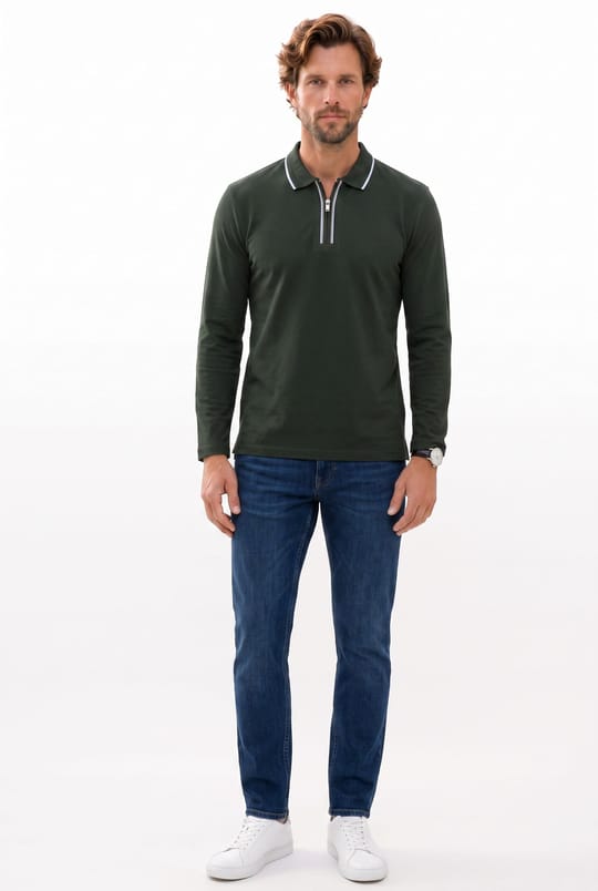Erkek Slim Fit Dar Kesim %100 Pamuk Uzun Kollu Fermuarlı Haki Polo Yaka Tişört