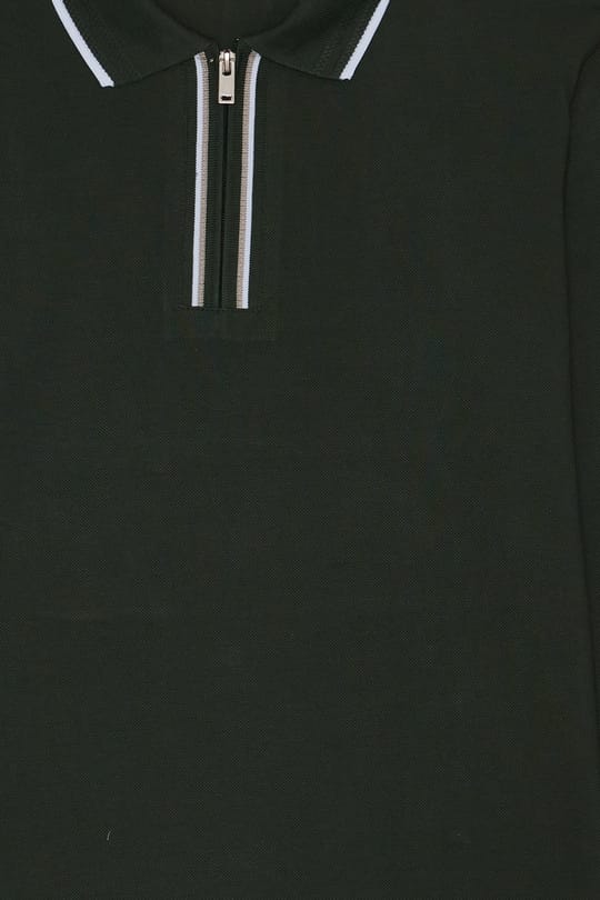 Erkek Slim Fit Dar Kesim %100 Pamuk Uzun Kollu Fermuarlı Haki Polo Yaka Tişört