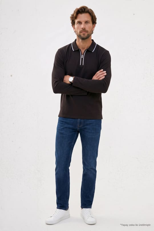 Erkek Slim Fit Dar Kesim %100 Pamuk Uzun Kollu Fermuarlı Kahverengi Polo Yaka Tişört