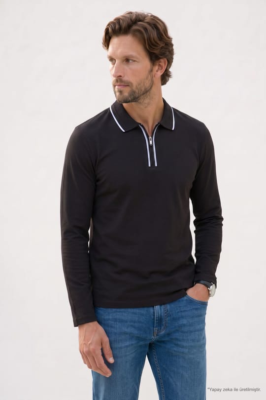 Erkek Slim Fit Dar Kesim %100 Pamuk Uzun Kollu Fermuarlı Kahverengi Polo Yaka Tişört