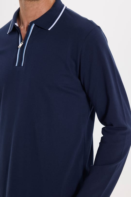 Erkek Slim Fit Dar Kesim %100 Pamuk Uzun Kollu Fermuarlı Lacivert Polo Yaka Tişört
