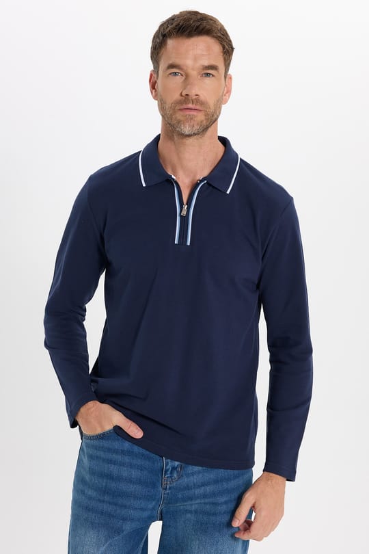 Erkek Slim Fit Dar Kesim %100 Pamuk Uzun Kollu Fermuarlı Lacivert Polo Yaka Tişört