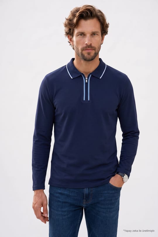 Erkek Slim Fit Dar Kesim %100 Pamuk Uzun Kollu Fermuarlı Lacivert Polo Yaka Tişört