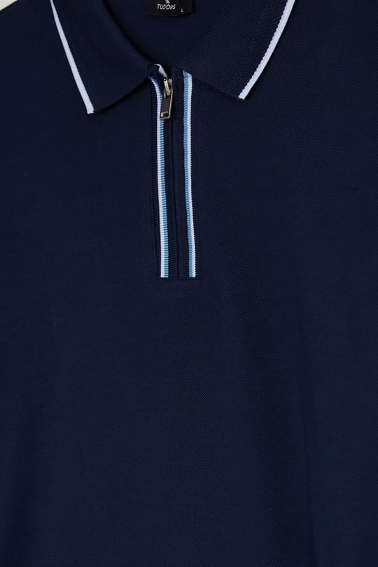 Erkek Slim Fit Dar Kesim %100 Pamuk Uzun Kollu Fermuarlı Lacivert Polo Yaka Tişört