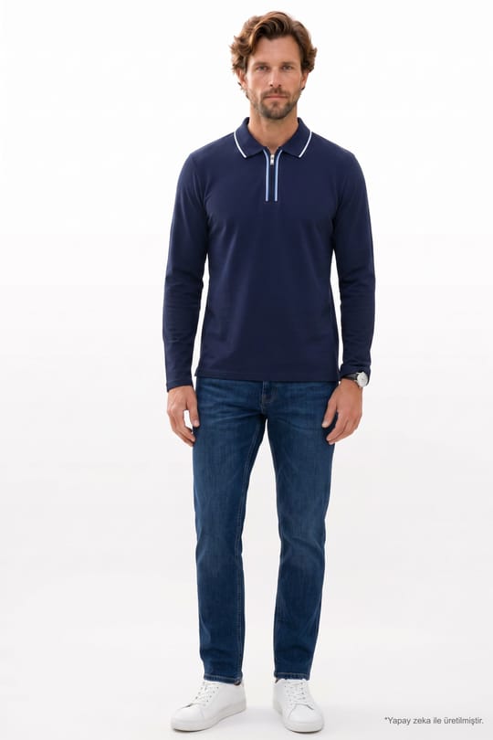 Erkek Slim Fit Dar Kesim %100 Pamuk Uzun Kollu Fermuarlı Lacivert Polo Yaka Tişört