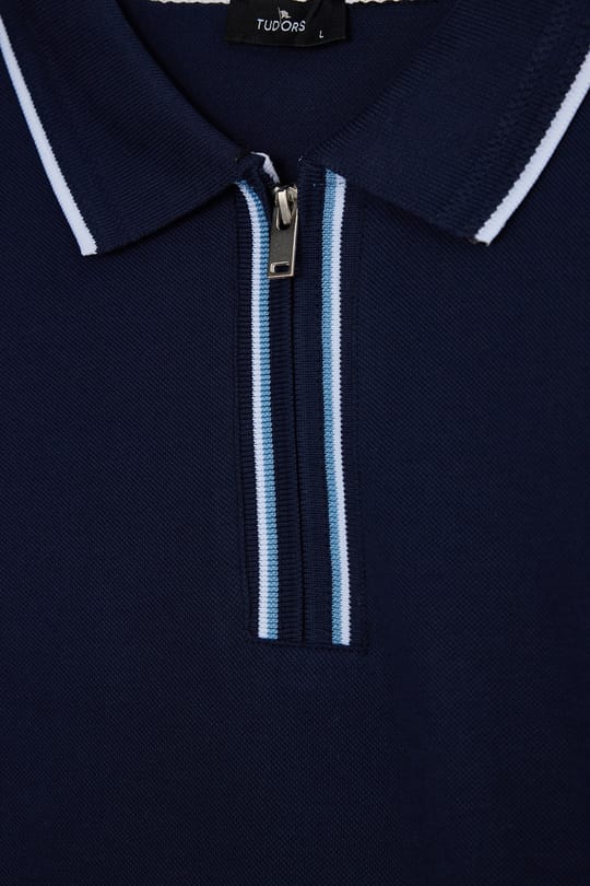 Erkek Slim Fit Dar Kesim %100 Pamuk Uzun Kollu Fermuarlı Lacivert Polo Yaka Tişört