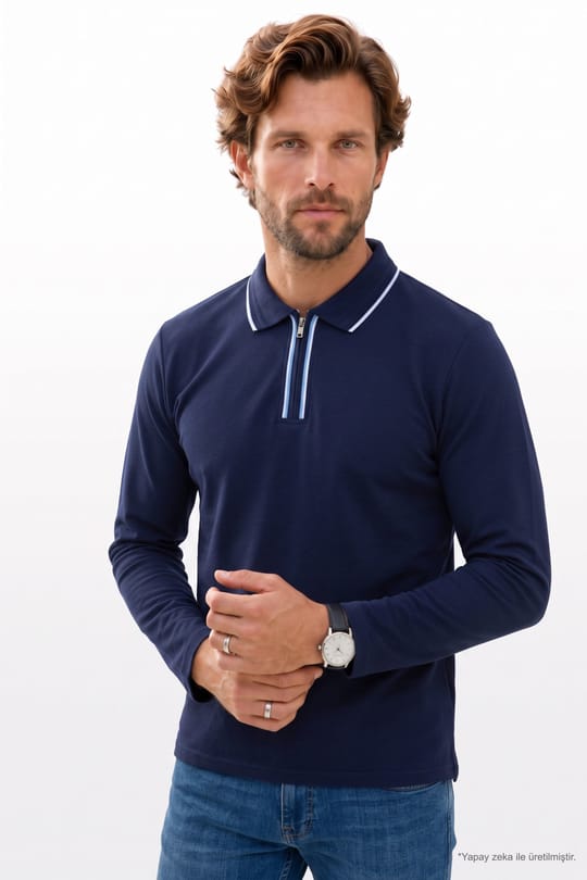 Erkek Slim Fit Dar Kesim %100 Pamuk Uzun Kollu Fermuarlı Lacivert Polo Yaka Tişört