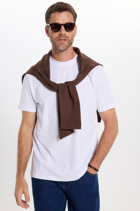 Erkek Loose Fit Rahat Kesim %100 Pamuk Kısa Kollu Beyaz Bisiklet Yaka Tişört