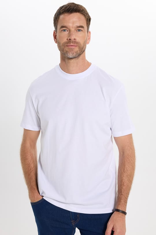 Erkek Loose Fit Rahat Kesim %100 Pamuk Kısa Kollu Beyaz Bisiklet Yaka Tişört