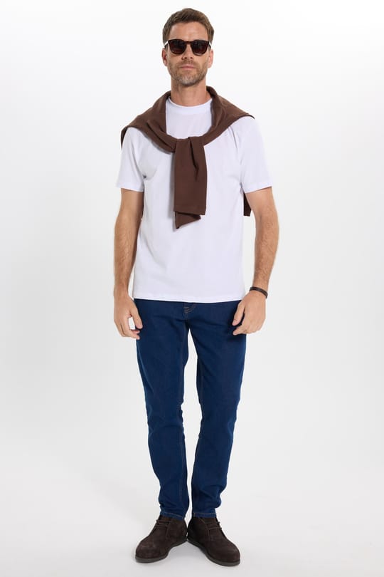 Erkek Loose Fit Rahat Kesim %100 Pamuk Kısa Kollu Beyaz Bisiklet Yaka Tişört