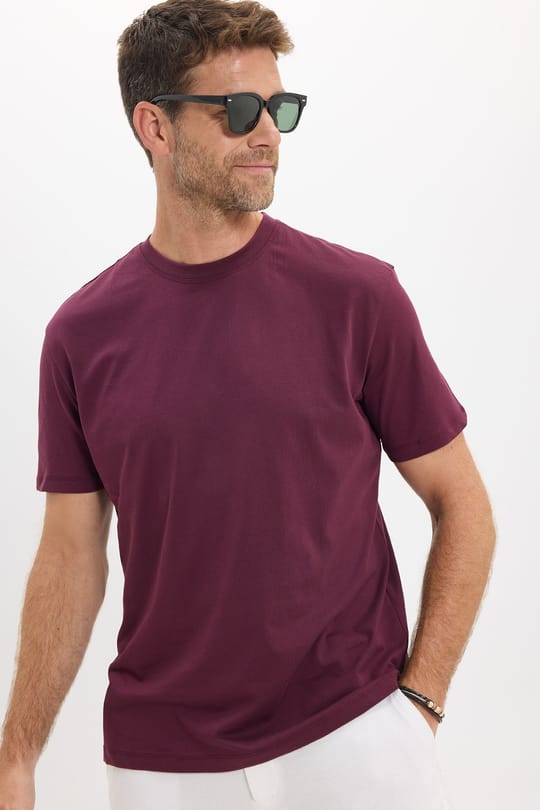 Erkek Loose Fit Rahat Kesim %100 Pamuk Yumuşak Dokulu Kısa Kollu Bordo Bisiklet Yaka Tişört