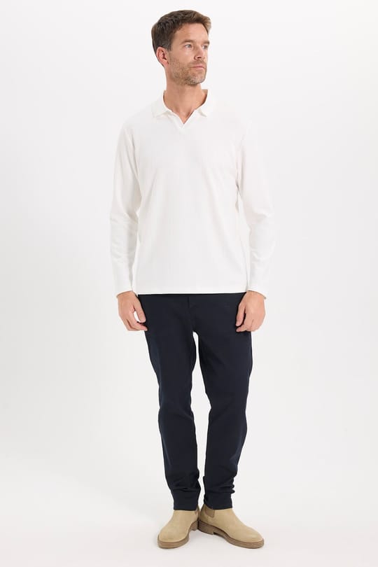 Erkek Slim Fit Dar Kesim Pamuklu Ekstra Soft Modal Kumaş Çizgili Beyaz Polo Yaka Sweatshirt