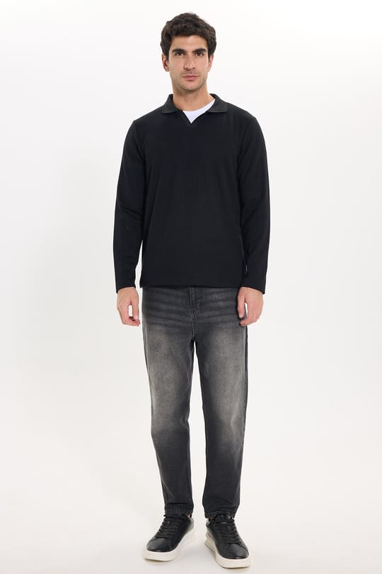 Erkek Slim Fit Dar Kesim Pamuklu Ekstra Soft Modal Kumaş Çizgili Siyah Polo Yaka Sweatshirt