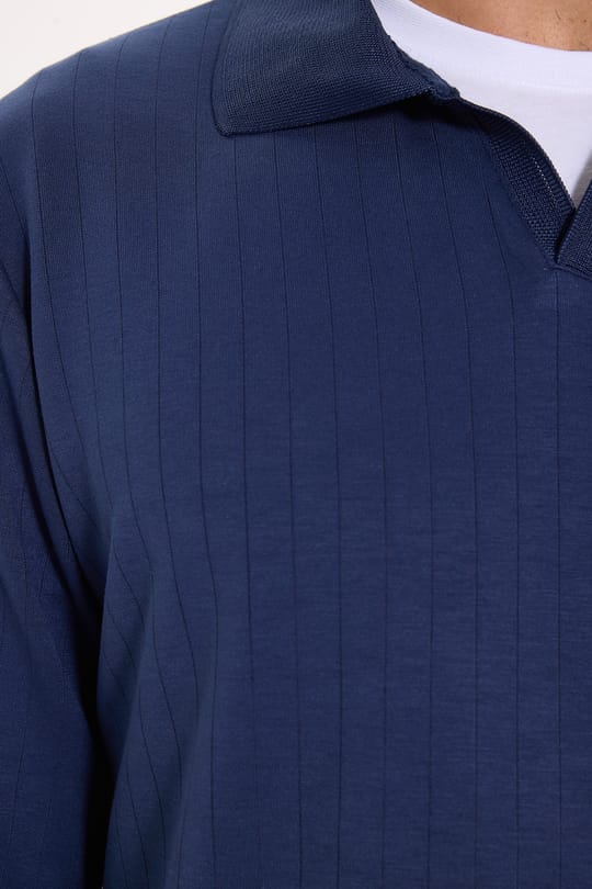 Erkek Slim Fit Dar Kesim Pamuklu Ekstra Soft Modal Kumaş Çizgili Lacivert Polo Yaka Sweatshirt