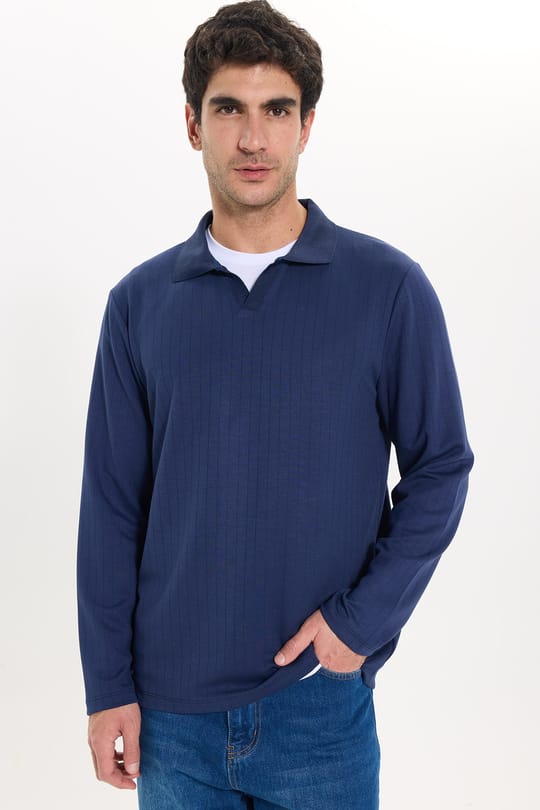 Erkek Slim Fit Dar Kesim Pamuklu Ekstra Soft Modal Kumaş Çizgili Lacivert Polo Yaka Sweatshirt