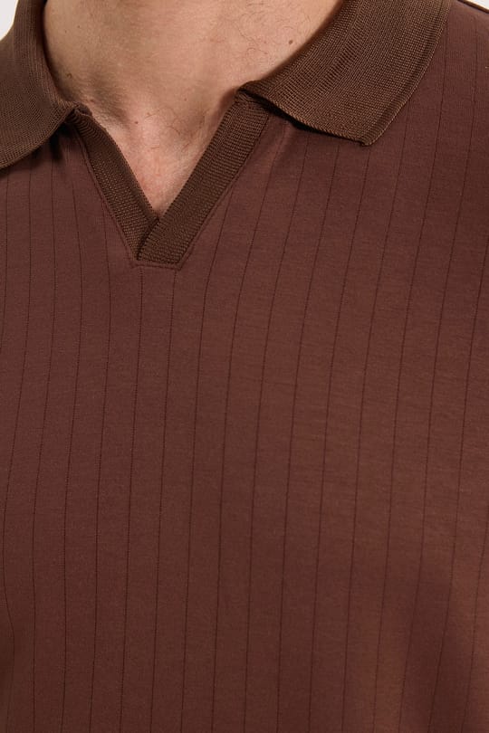 Erkek Slim Fit Dar Kesim Pamuklu Ekstra Soft Modal Kumaş Çizgili Kahverengi Polo Yaka Sweatshirt
