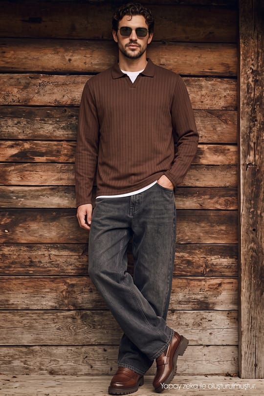 Erkek Slim Fit Dar Kesim Pamuklu Ekstra Soft Modal Kumaş Çizgili Kahverengi Polo Yaka Sweatshirt