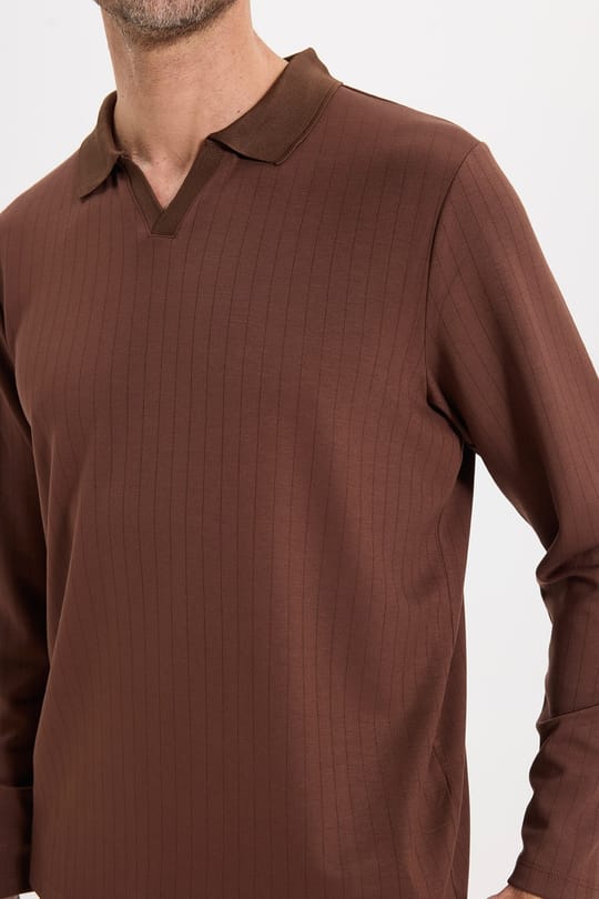 Erkek Slim Fit Dar Kesim Pamuklu Ekstra Soft Modal Kumaş Çizgili Kahverengi Polo Yaka Sweatshirt