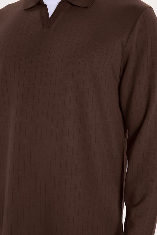 Erkek Slim Fit Dar Kesim Pamuklu Ekstra Soft Modal Kumaş Çizgili Kahverengi Polo Yaka Sweatshirt