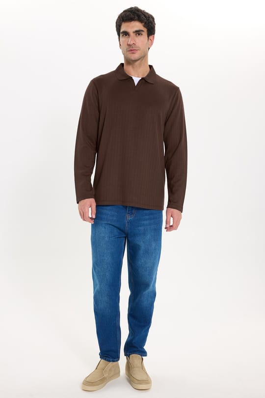 Erkek Slim Fit Dar Kesim Pamuklu Ekstra Soft Modal Kumaş Çizgili Kahverengi Polo Yaka Sweatshirt