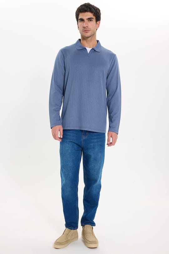 Erkek Slim Fit Dar Kesim Pamuklu Ekstra Soft Modal Kumaş Çizgili Koyu Mavi Polo Yaka Sweatshirt