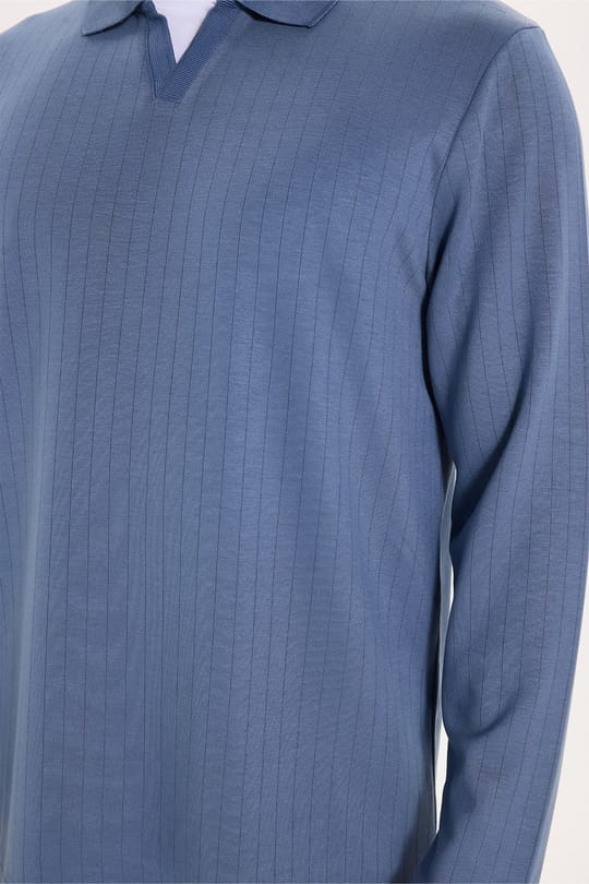 Erkek Slim Fit Dar Kesim Pamuklu Ekstra Soft Modal Kumaş Çizgili Koyu Mavi Polo Yaka Sweatshirt
