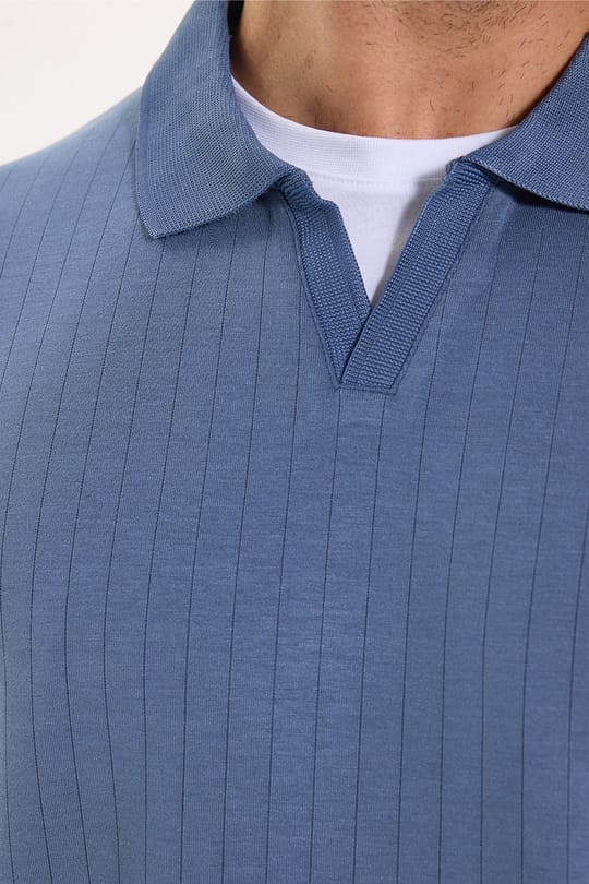 Erkek Slim Fit Dar Kesim Pamuklu Ekstra Soft Modal Kumaş Çizgili Koyu Mavi Polo Yaka Sweatshirt