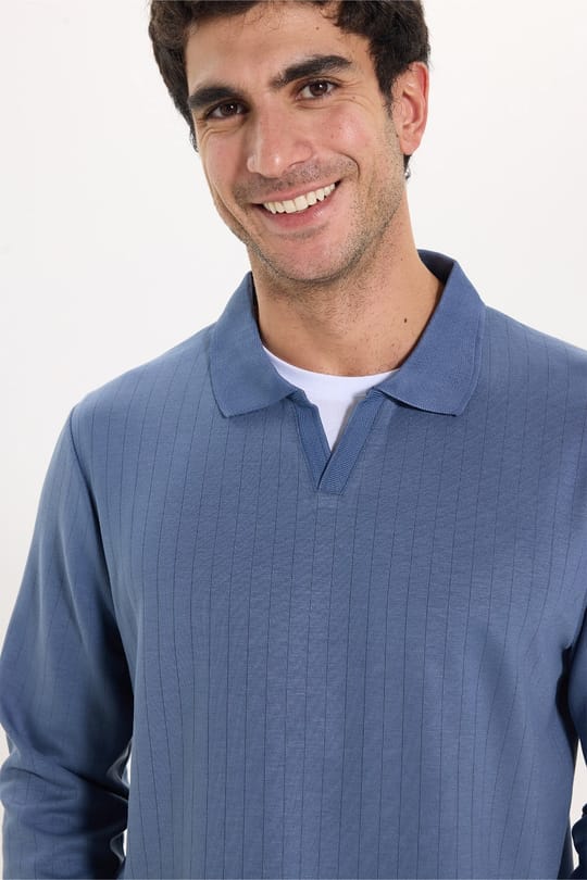 Erkek Slim Fit Dar Kesim Pamuklu Ekstra Soft Modal Kumaş Çizgili Koyu Mavi Polo Yaka Sweatshirt