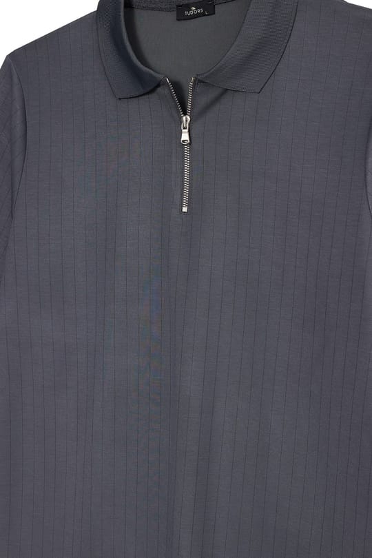 Erkek Slim Fit Dar Kesim Oysh Kumaş Fermuarlı Polo Yaka Çizgili Antrasit Sweatshirt