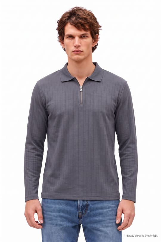 Erkek Slim Fit Dar Kesim Oysh Kumaş Fermuarlı Polo Yaka Çizgili Antrasit Sweatshirt
