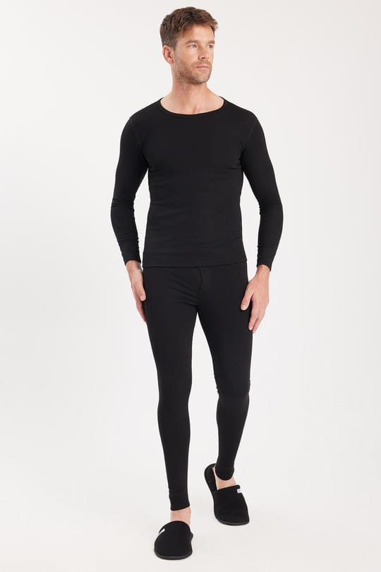 Erkek Slim Fit Dar Kesim Bisiklet Yaka Siyah Termal Alt Üst Takım