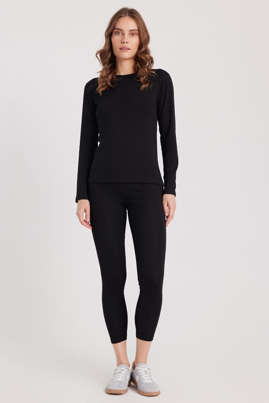 Kadın Slim Fit Dar Kesim Bisiklet Yaka Siyah Termal Alt Üst Takım