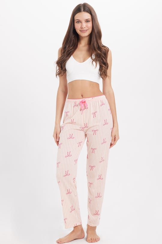 Kadın Regular Fit Klasik Kesim Viskon Beli Lastikli Fiyonk Detaylı Baskılı Turuncu Pijama Altı